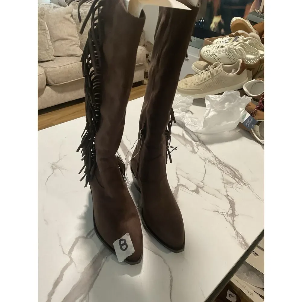 Women’s Brown Western Knee High Fringe Boots Pointed Toe Faux Suede Size 8